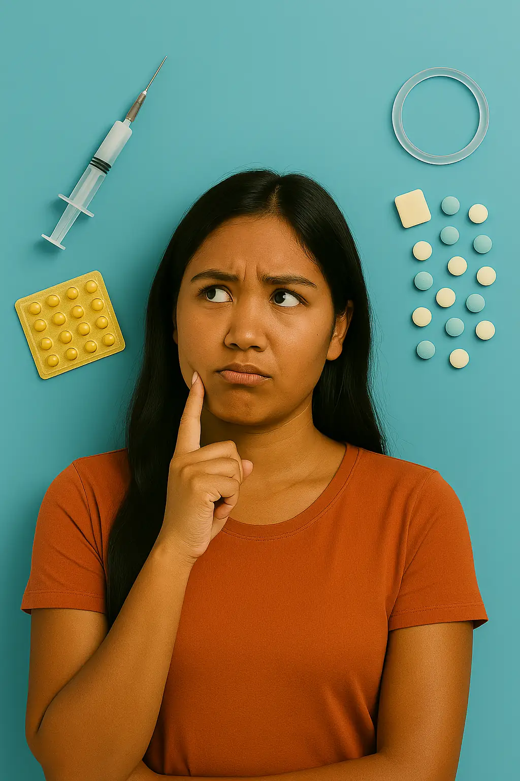 Mujer confundida por la cantidad de opciones de anticonceptivos