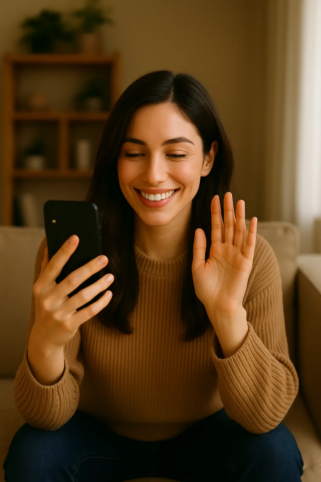 Mujer usando su teléfono para una consulta con Sana